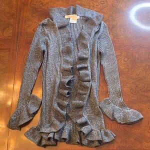 Vintage DVF black w silver metallic thread ruffle open cardigan